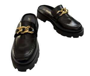 DREAM PAIRS Shoes Womens 7.5 Golden Chain Slip On Mules Black Lug Sole PU Upper